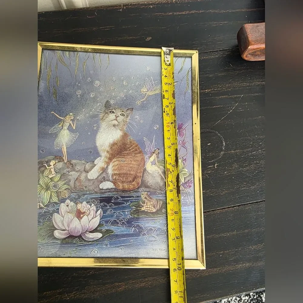 Jean Henry Cat and Fairies Dufex Foil Art Gold Framed Vintage Fantasy